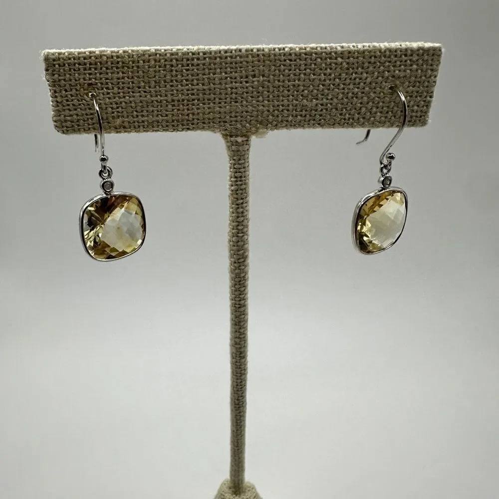 7.11cts faceted checkerboard cushion cut citrine on 925‎ dangle earrings!